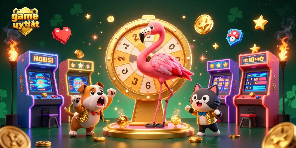 Experience the thrill of game bài uy tín as a flamingo host spins a golden wheel, surrounded by vibrant casino elements.