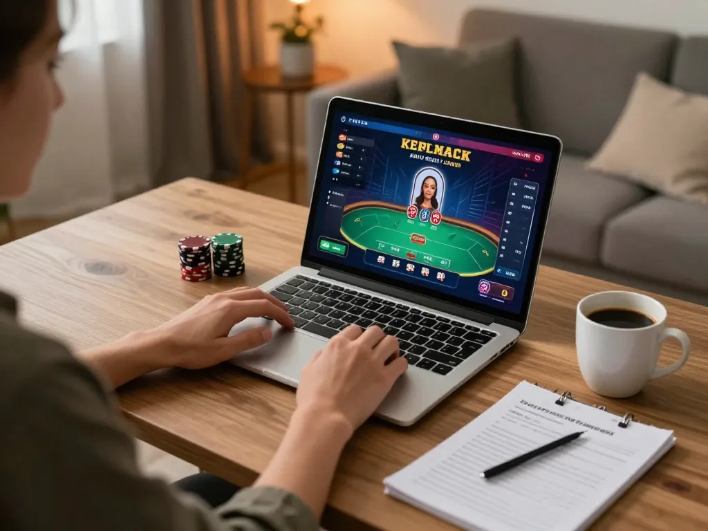 Player engaging with 123B online casino game on laptop, showcasing strategy notes and a cozy atmosphere.