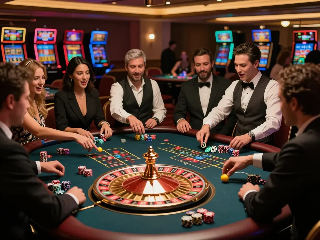 Engaging scene of players at a roulette table celebrating kèo nhà cái betting excitement in an upscale casino atmosphere.