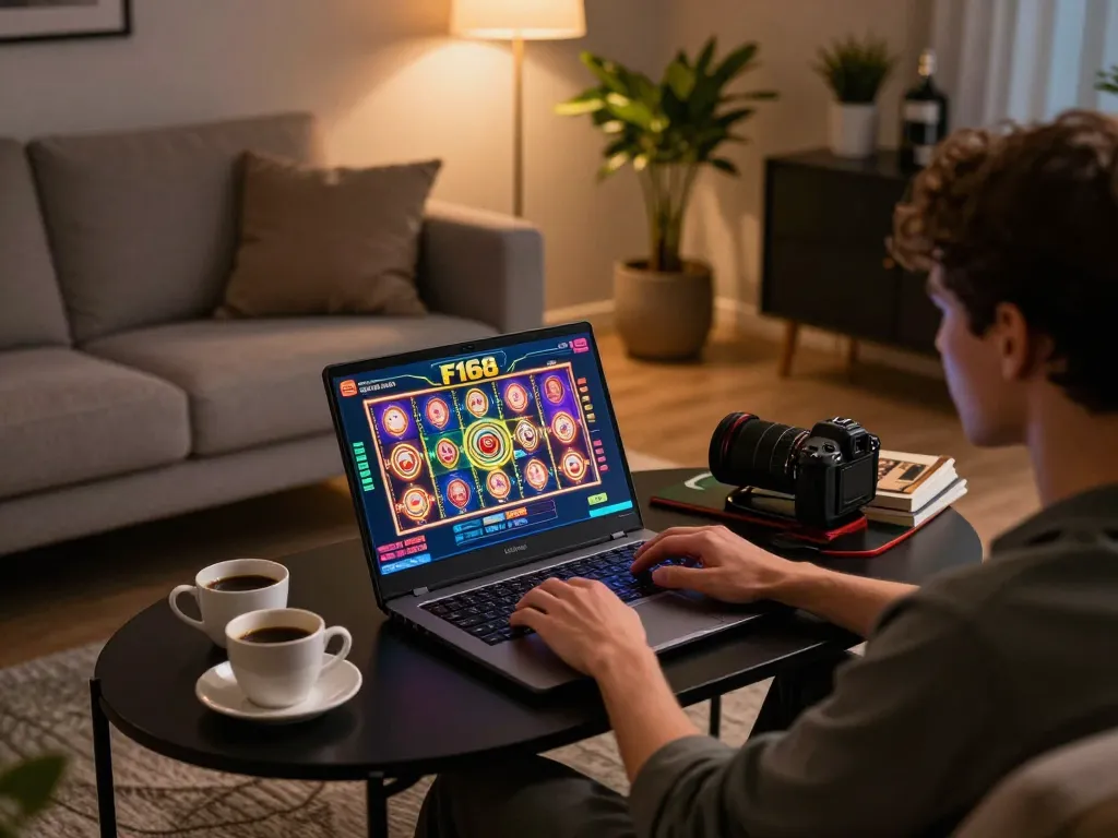 Engaging online gaming moment with F168 casino app visible on laptop screen in stylish living room.