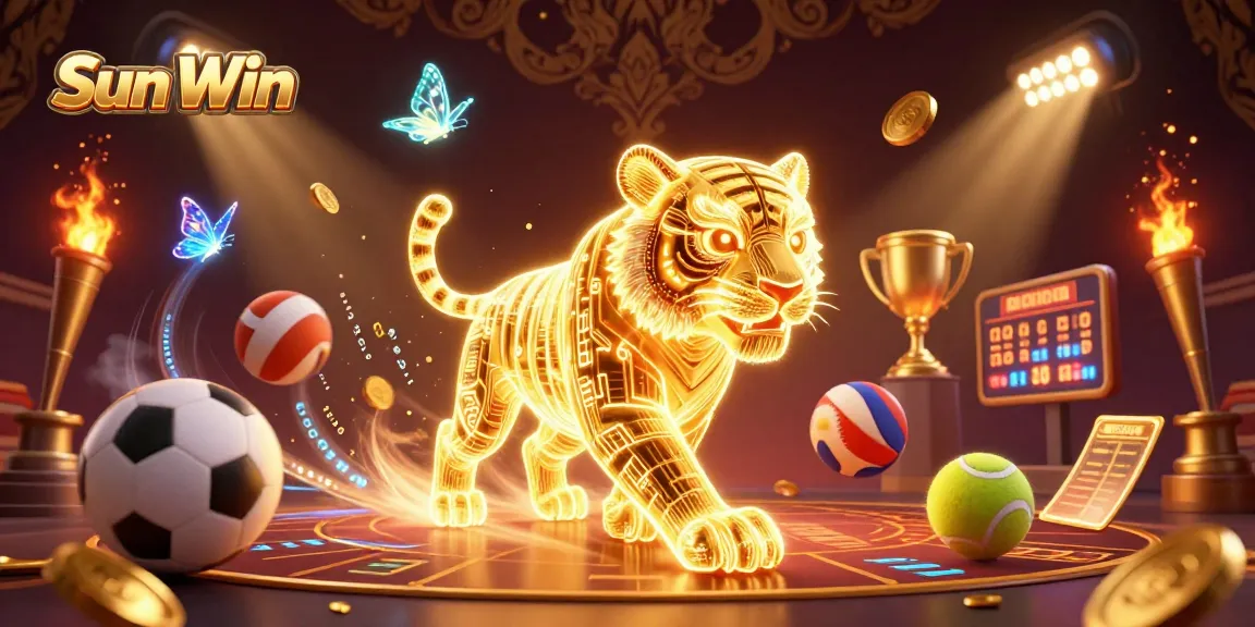 Bet big with Sun Win as a golden tiger roams the digital casino landscape, surrounded by dynamic gaming elements.