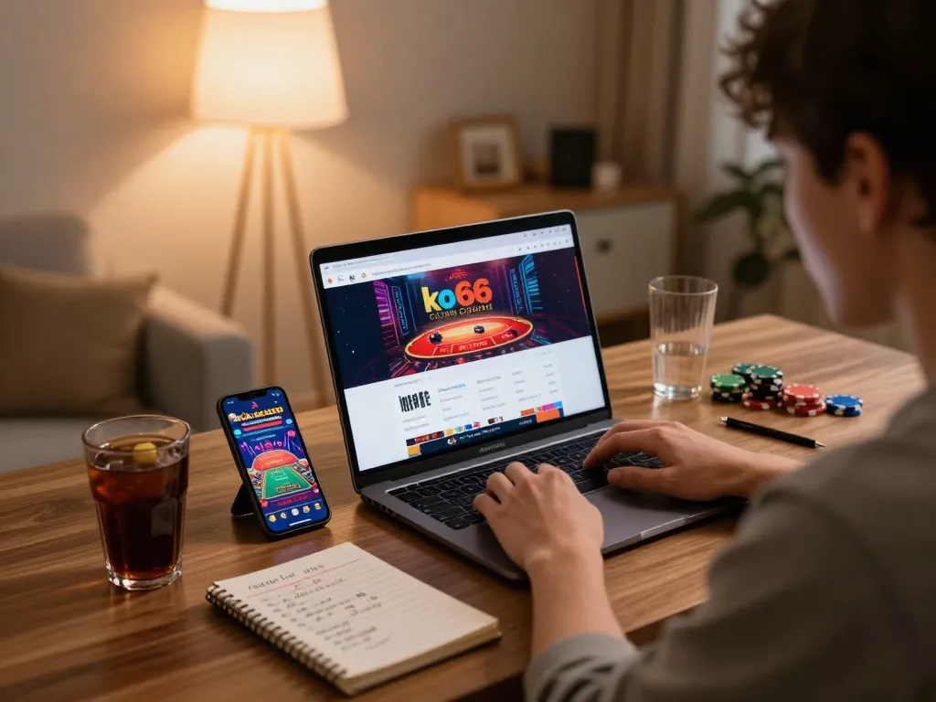 Engaged user playing at ko66 com online casino on a laptop while strategizing bets.