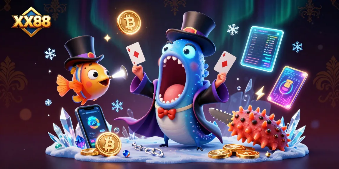 Experience the magic of XX88 with a vibrant 3D scene blending cards, coins, and luminescent characters.