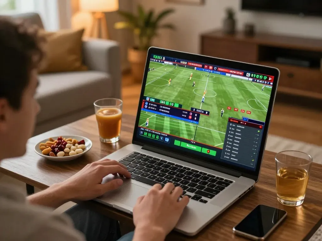 Sports betting at 888top with an excited player using a laptop at home