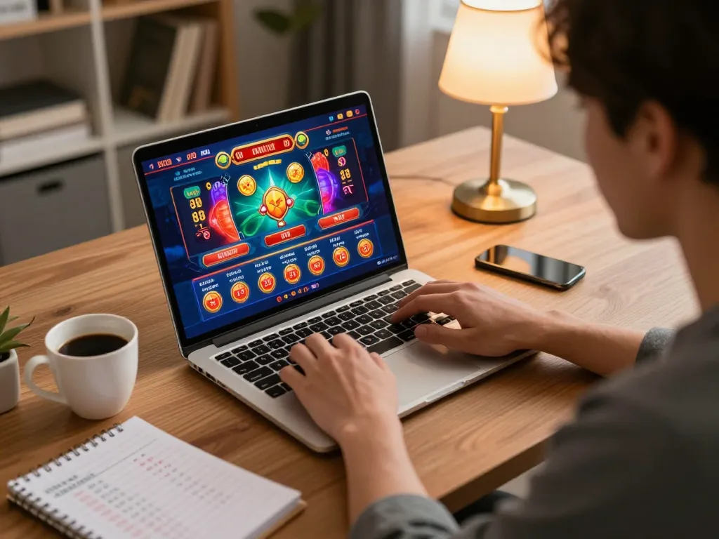 Experience thrilling gameplay at tg88 with vibrant online casino games showcased on a laptop at home.