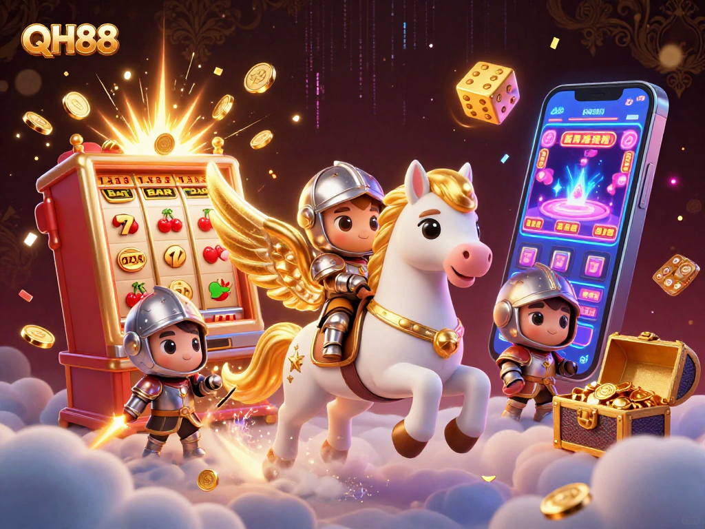 Engage with QH88's thrilling gameplay surrounded by golden jackpots and a magical steed.