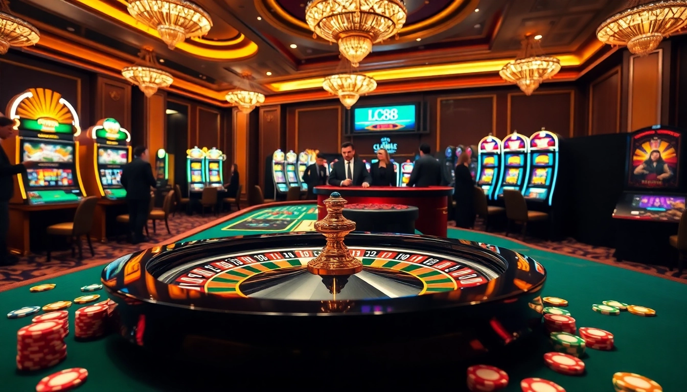 Players enjoying high-stakes action at LC88 casino with vibrant roulette and poker chips.