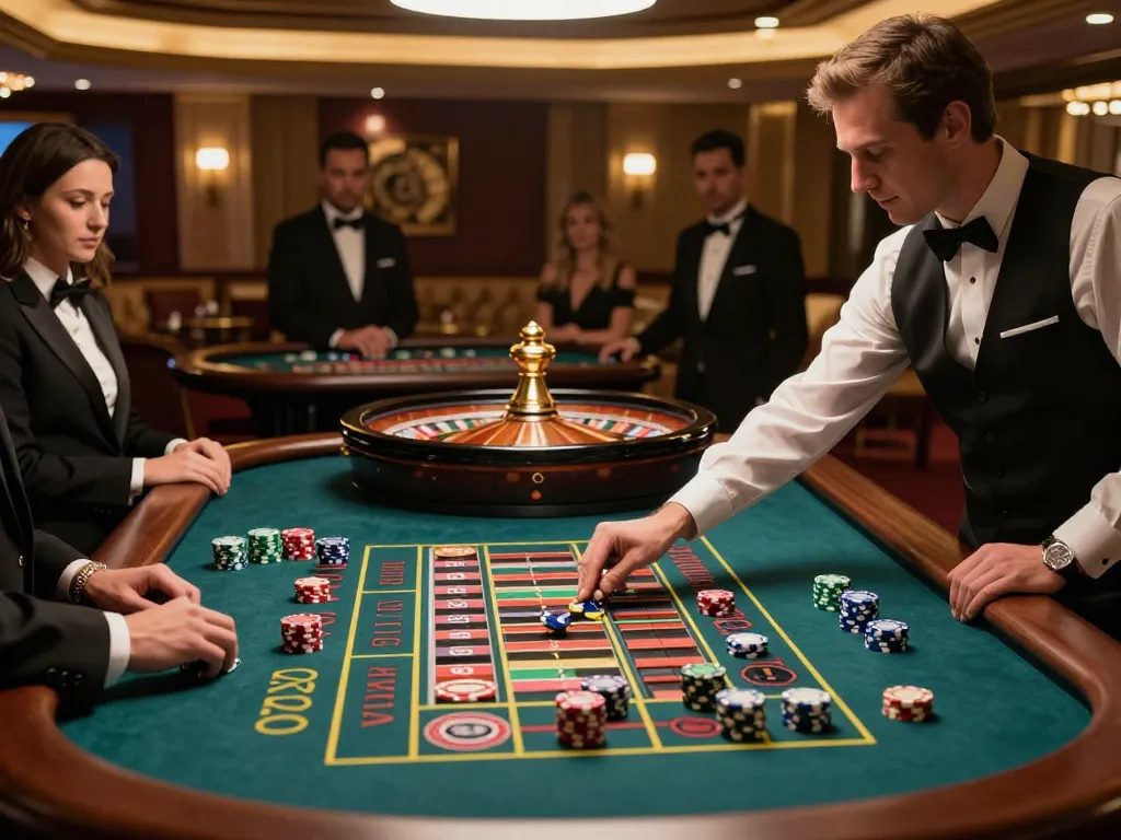 Fabet players enthusiastically placing bets at a vibrant roulette table in a luxury casino setting