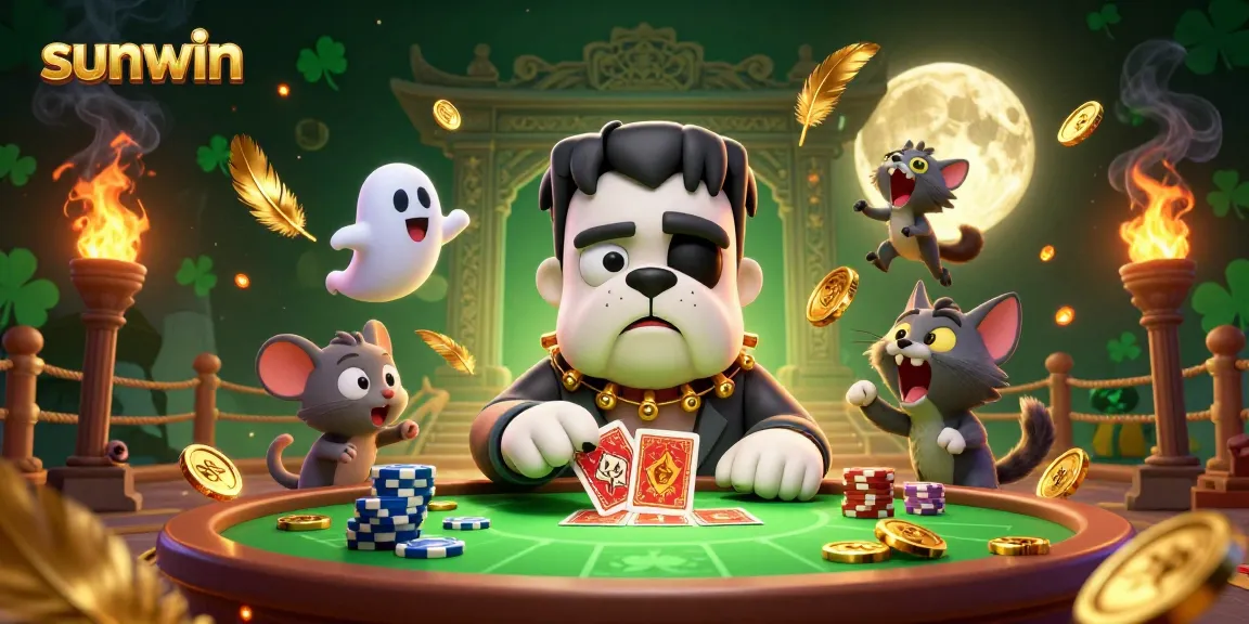 Engage in sunwin's thrilling card games with a mystical bulldog dealer amidst an enchanting casino scene.