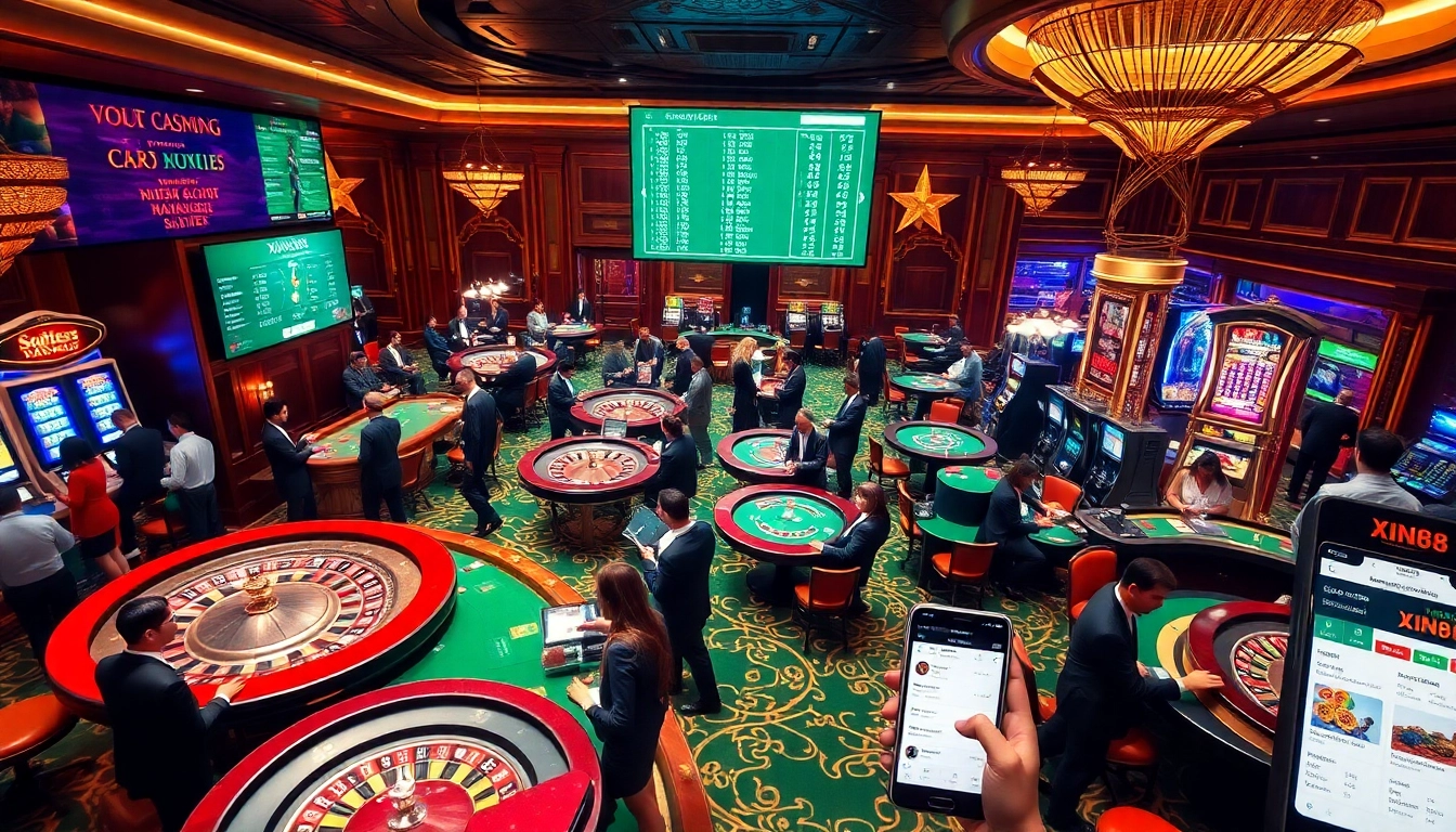 Players enjoying games at Nhà Cái XIN88, highlighting excitement and luxury in a vibrant casino setting.
