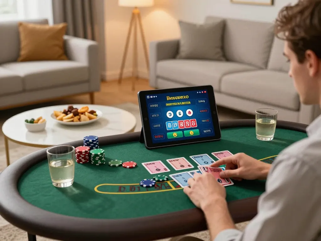 Player enjoying live dealer blackjack on xx88 tablet in cozy home setting, illustrating online gaming.