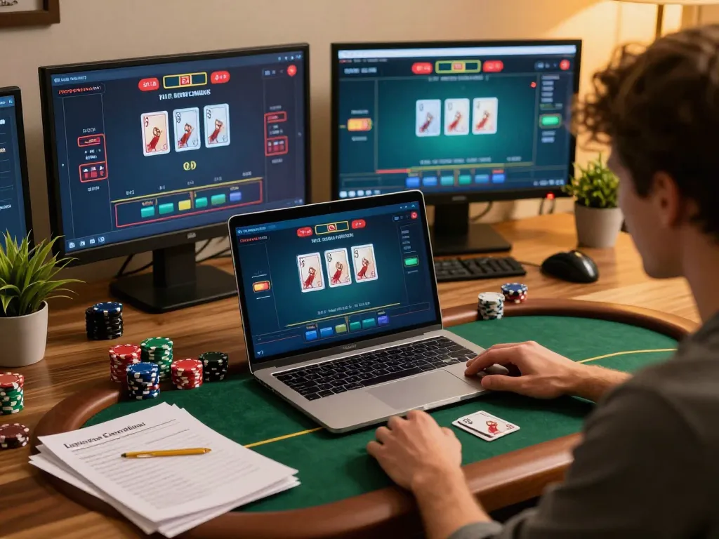 Engaged player at home using https://fa88.team/ for live poker strategy and gameplay.