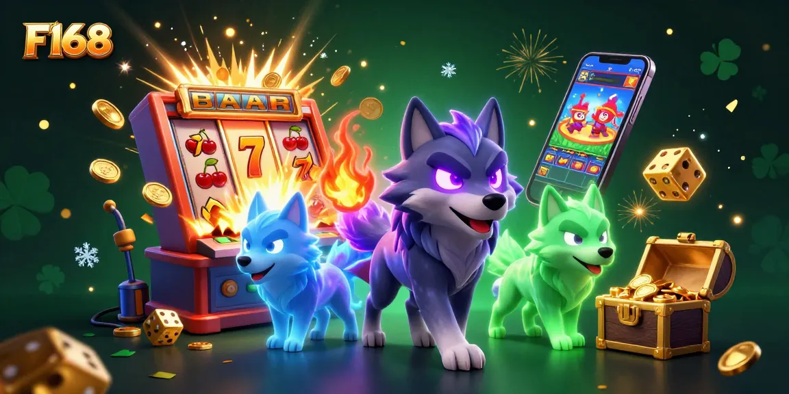 Experience the thrill of F168 with a vibrant 3D illustration featuring slot machines and ghostly wolves.