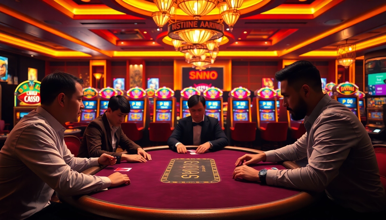 Participants enjoying a vibrant poker game and exciting slots at km88 casino, rich in color and atmosphere.