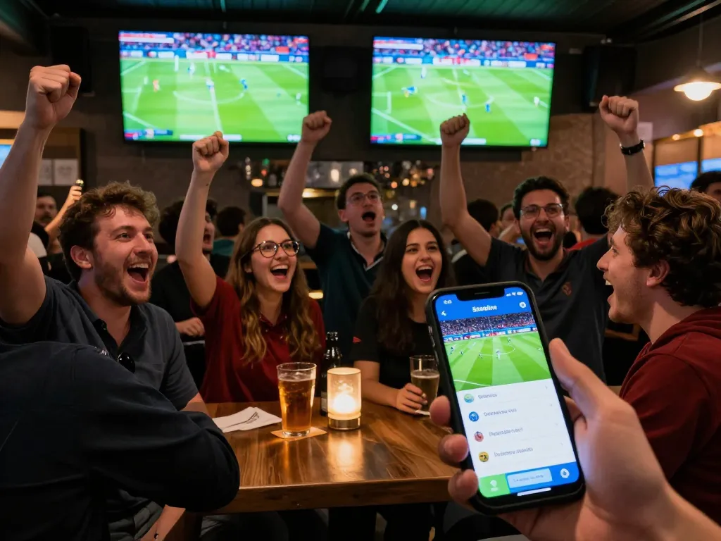 Socolive app interface on smartphone as fans cheer during live soccer matches at a sports bar