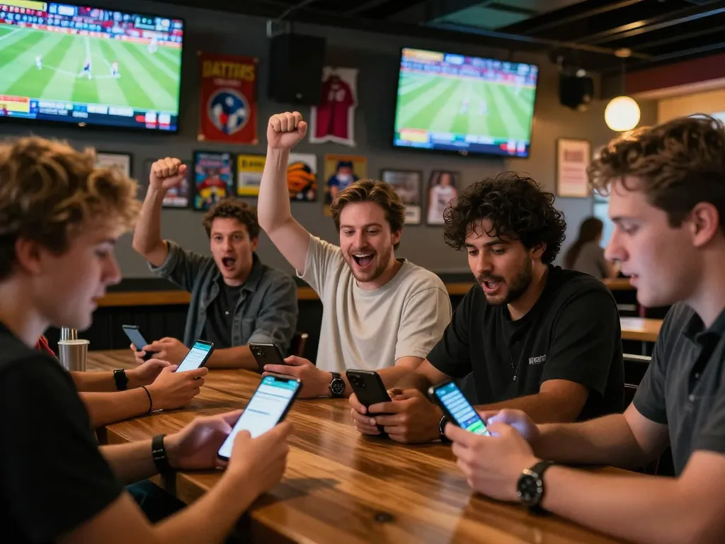 Fans engaged in sports betting using mobile apps, exemplifying excitement at nhandinhkeonhacai.
