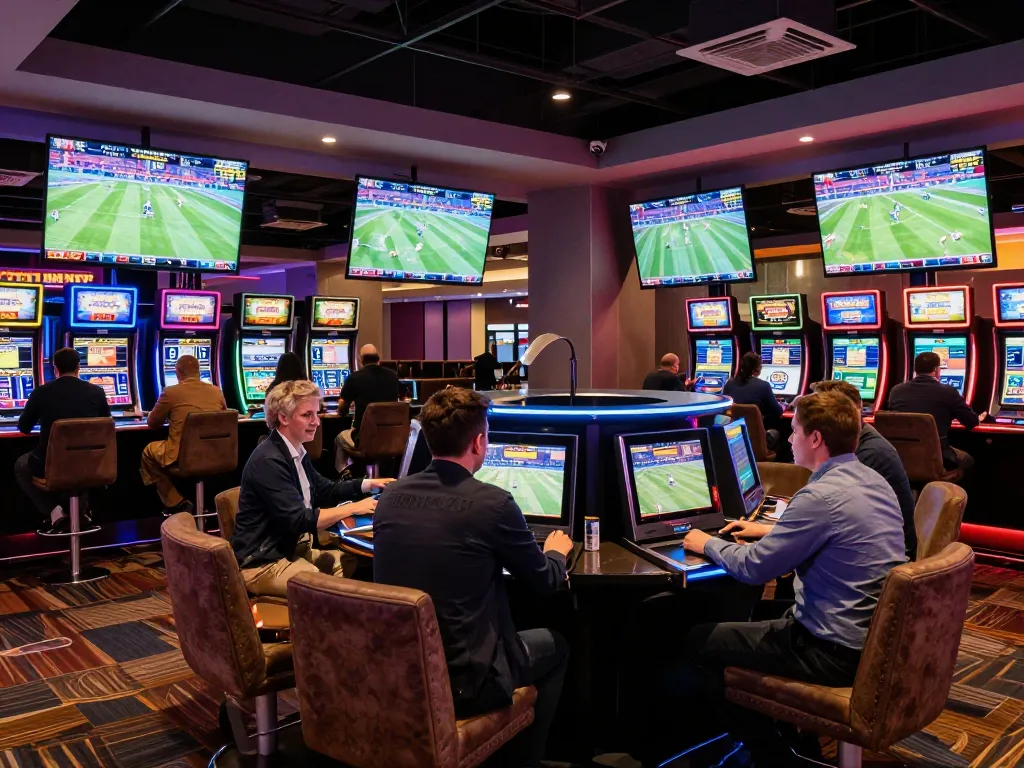 Engaging moment of sports bettors placing wagers at a nowgoal sportsbook in a lively casino atmosphere