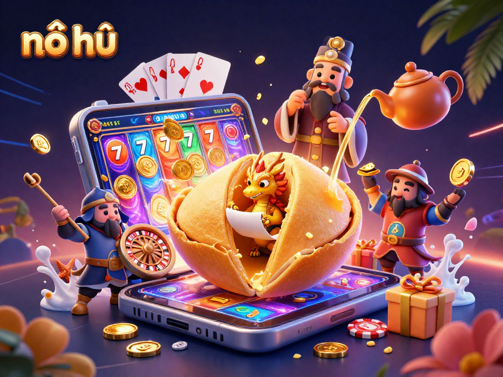 Nổ hũ delivers thrilling jackpot excitement with a golden fortune cookie and dynamic casino game elements.