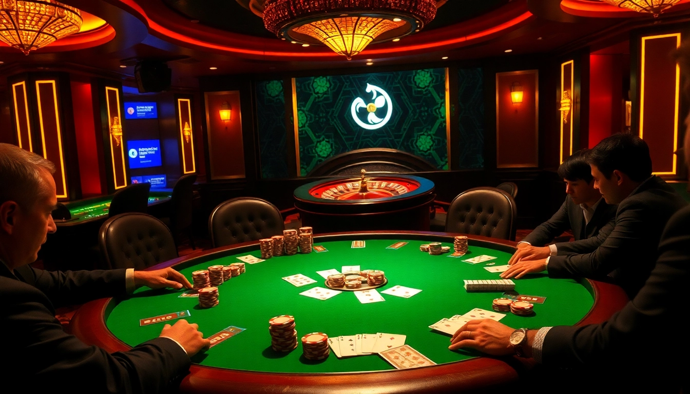 Excited players at a poker table strategizing in a luxury casino, with hidden wiki tor theme.