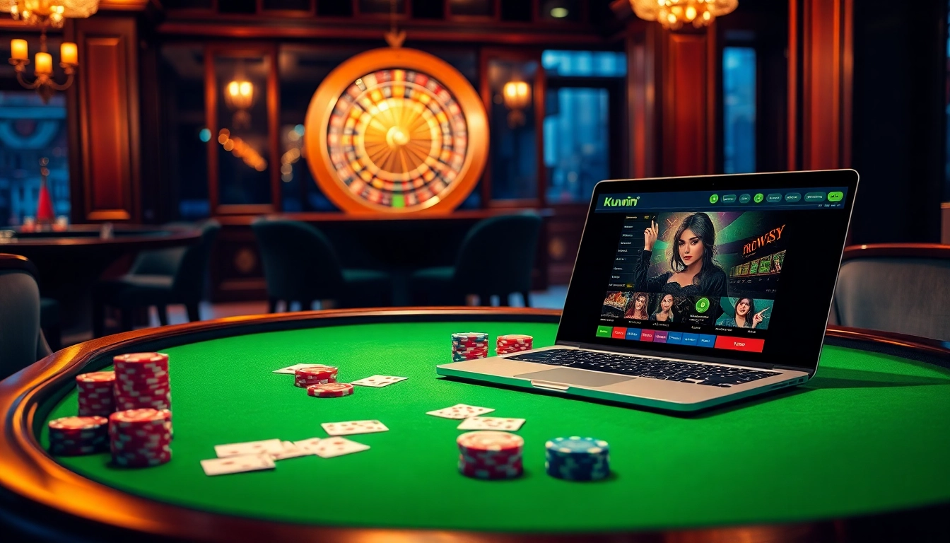 kuwin players enjoying a thrilling casino experience at a high-stakes poker table with vibrant lighting.