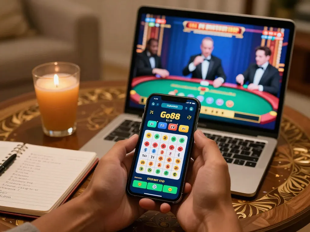 Engaging with Go88 tài xỉu online on a smartphone with a warm home backdrop illustrating strategic gameplay