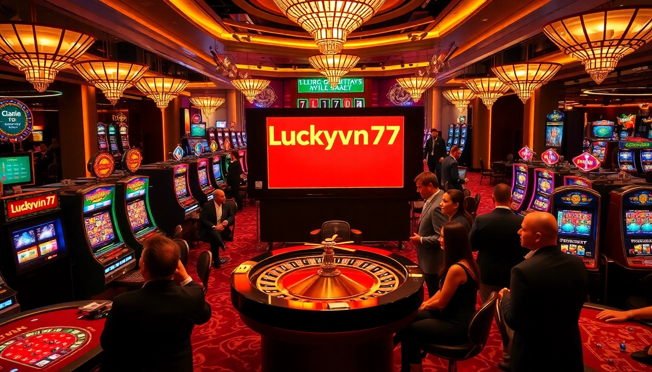 Exciting casino scene featuring players at Luckywin777 roulette and slot machines.