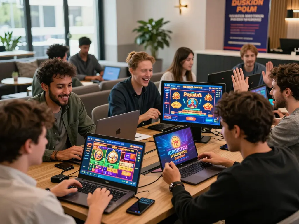 Players excitedly engaging with SC88 online casino games on their devices in a vibrant, modern setting.