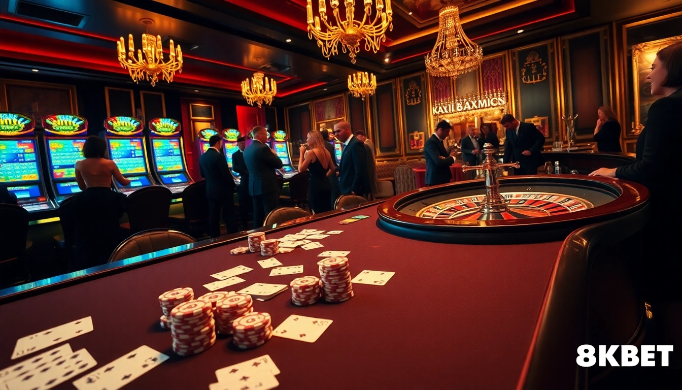 Experience the excitement of 8KBET with guests enjoying luxury casino games, poker chips, and roulette.