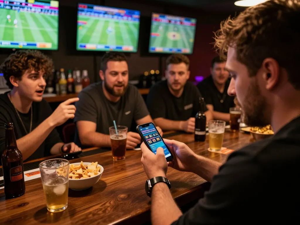 Engaging in sports betting on 33win app amid friends' excitement in a lively bar setting