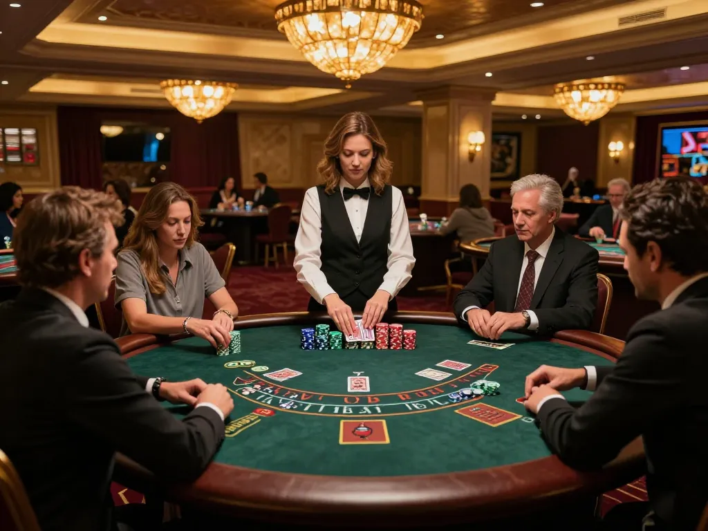 Engaged players at https://tg88uk.com/ concentrating on blackjack table strategy in a vibrant casino.