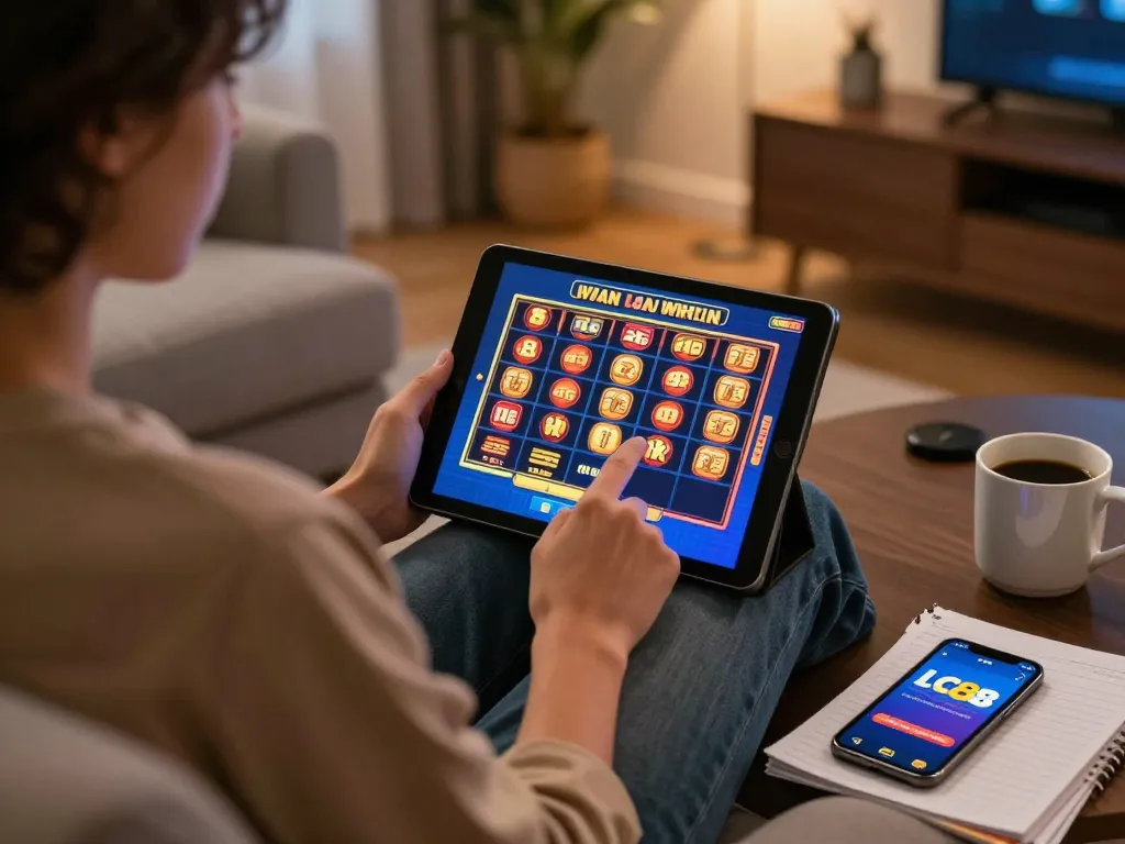 Engaging in online slots at home with LC88 casino app on a tablet and strategy notes ready.