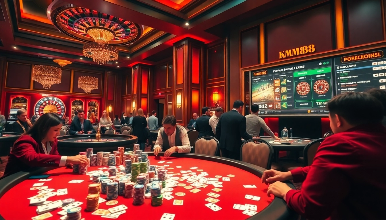 Elevated view of a lively km88 casino scene with poker players, chips, and roulette.