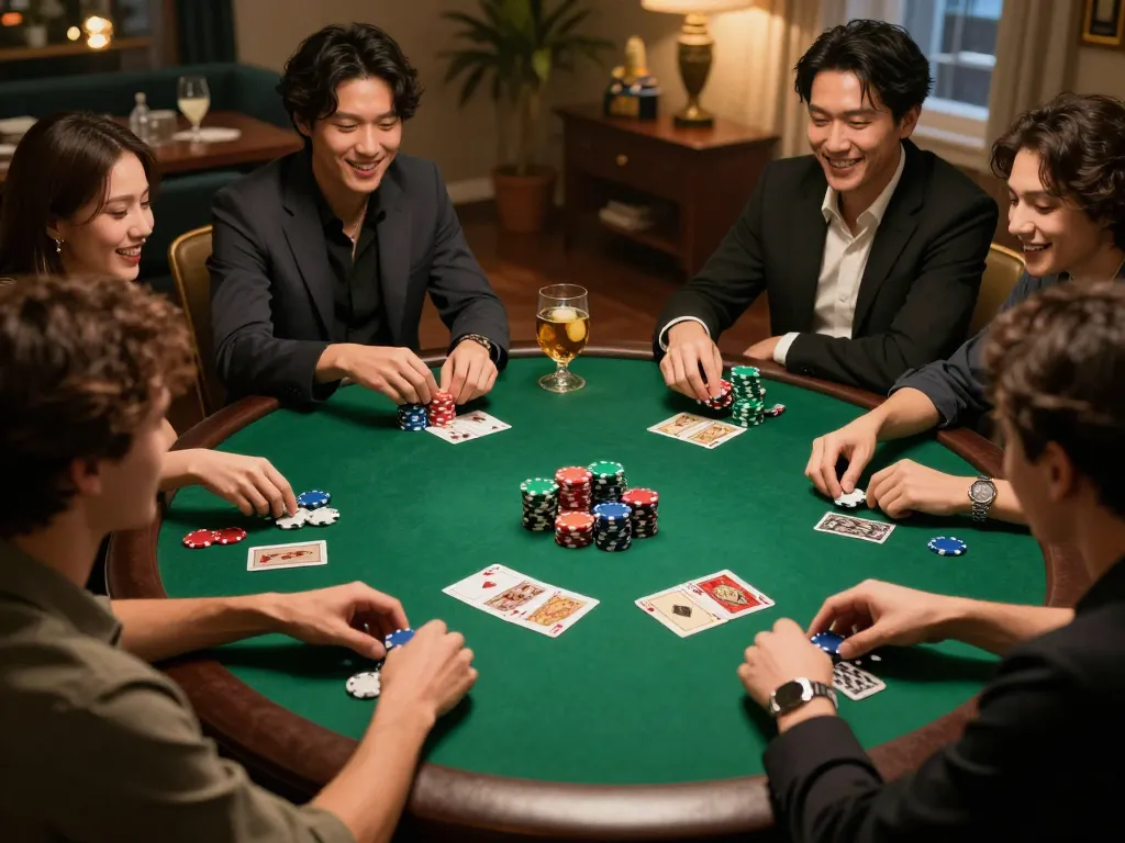 KUBET home poker night with friends enjoying a lively game, colorful chips and cards in view.