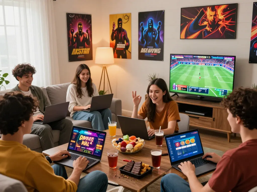 Engaging online gaming scene of diverse friends enjoying okwin.com on their devices in an inviting living room.