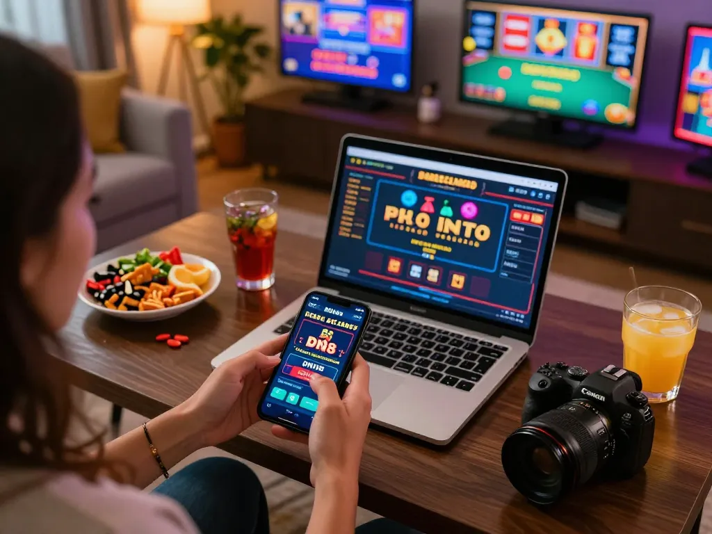 Engaging with the DN88 casino app for online gambling in a vibrant living room setting.
