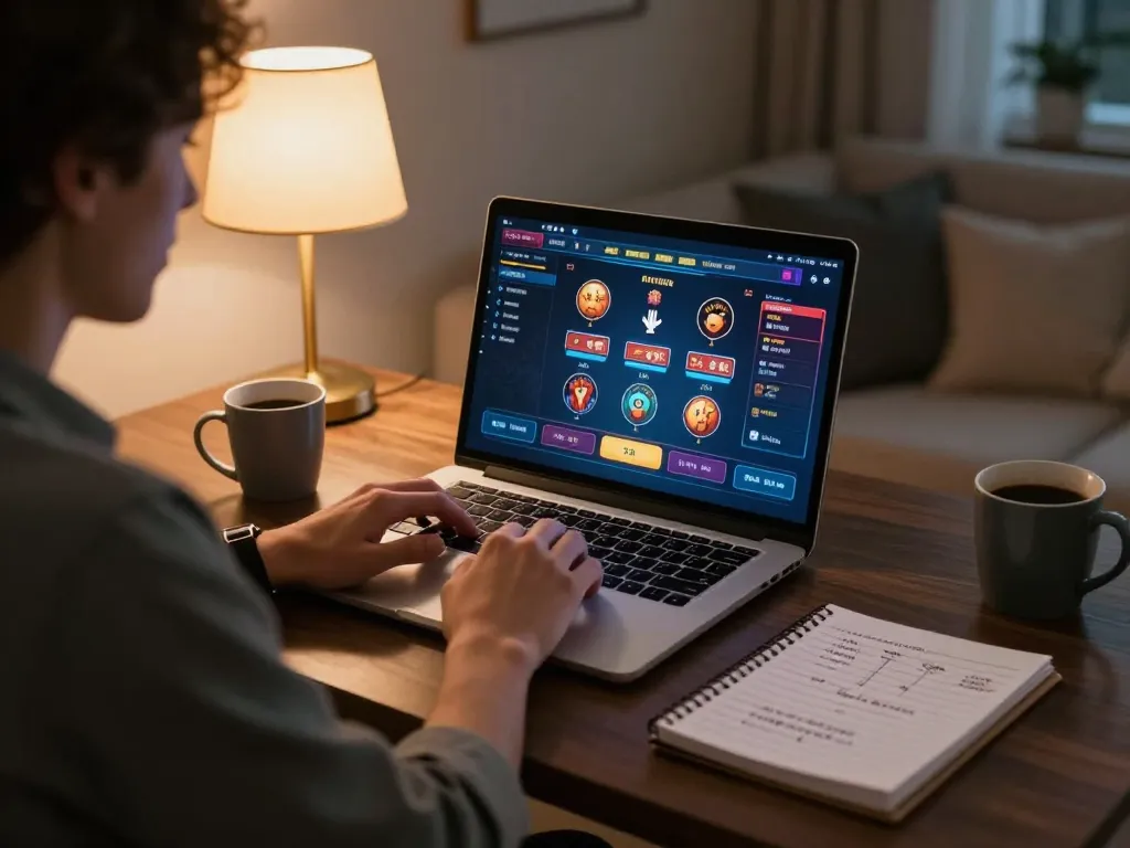 Engaged player strategizing with O8 HAIR gaming setup at home, showcasing focused online casino experience.