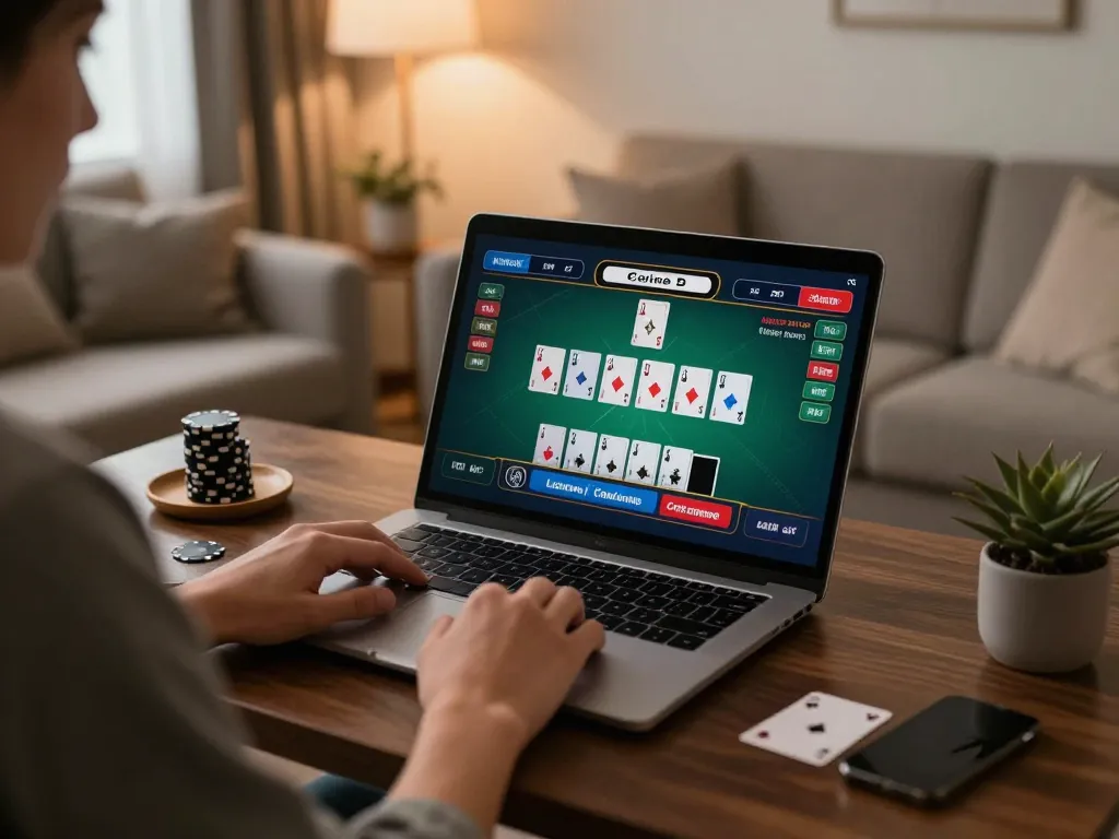 Person playing live dealer blackjack at home using LLWIN online casino platform in a cozy setting.
