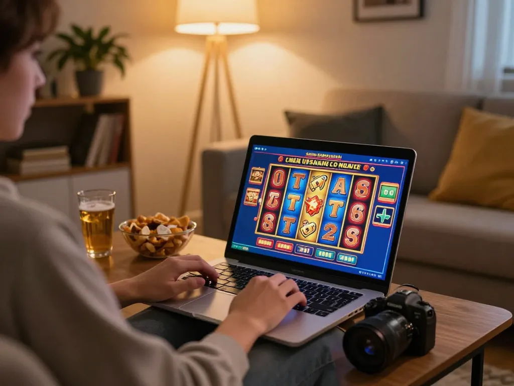 Engaging online slots gameplay on a laptop, reflecting iwin's fun gaming experience in a cozy home.