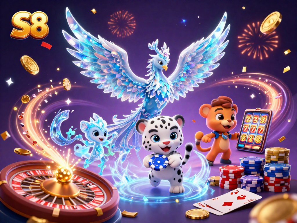 S8 showcases a vibrant 3D scene of an ice phoenix with casino elements for thrilling online gaming.