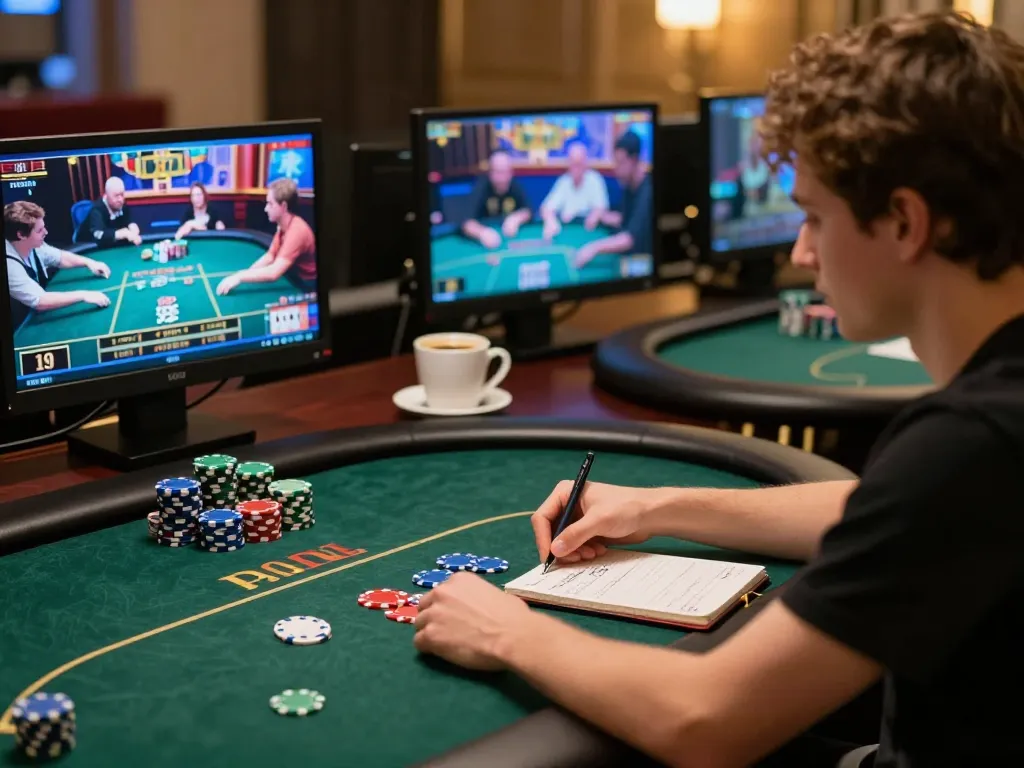 Poker player engaged in 789bet vip online game strategy with focused notebook and coffee.
