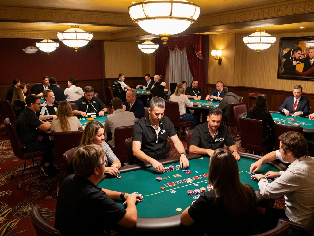 Players strategizing their bets at the lively casino floor of https://888now.cfd/ with dealers managing poker tables.