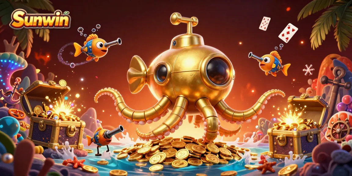 Sunwin offers a thrilling gambling experience, featuring a dynamic ocean scene with golden treasures and a golden kraken.