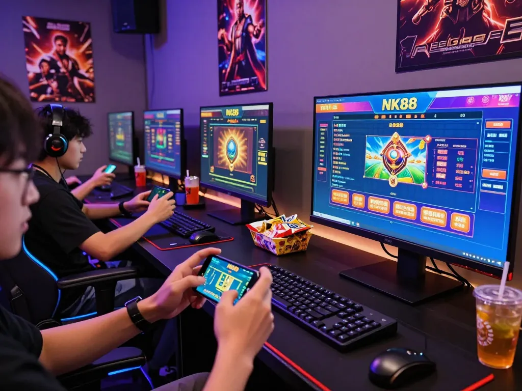 Engaged players enjoying NK88 game in a vibrant online gaming setup.
