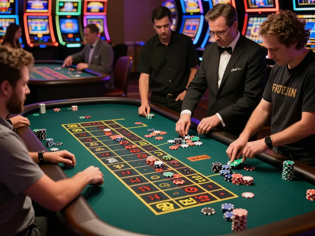 Engaged players placing bets at vvvwin's lively roulette table, enhancing the casino experience