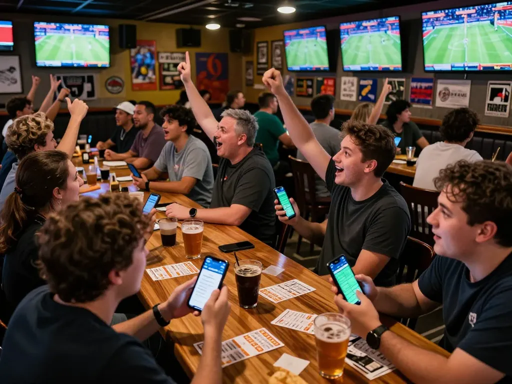 Excited bettors checking sports betting odds during live game action, capturing the thrill of ผลบอล.