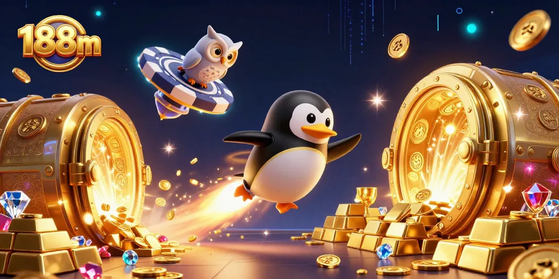 Experience the adventure of 188m casino with a golden penguin flying toward a poker chip station.