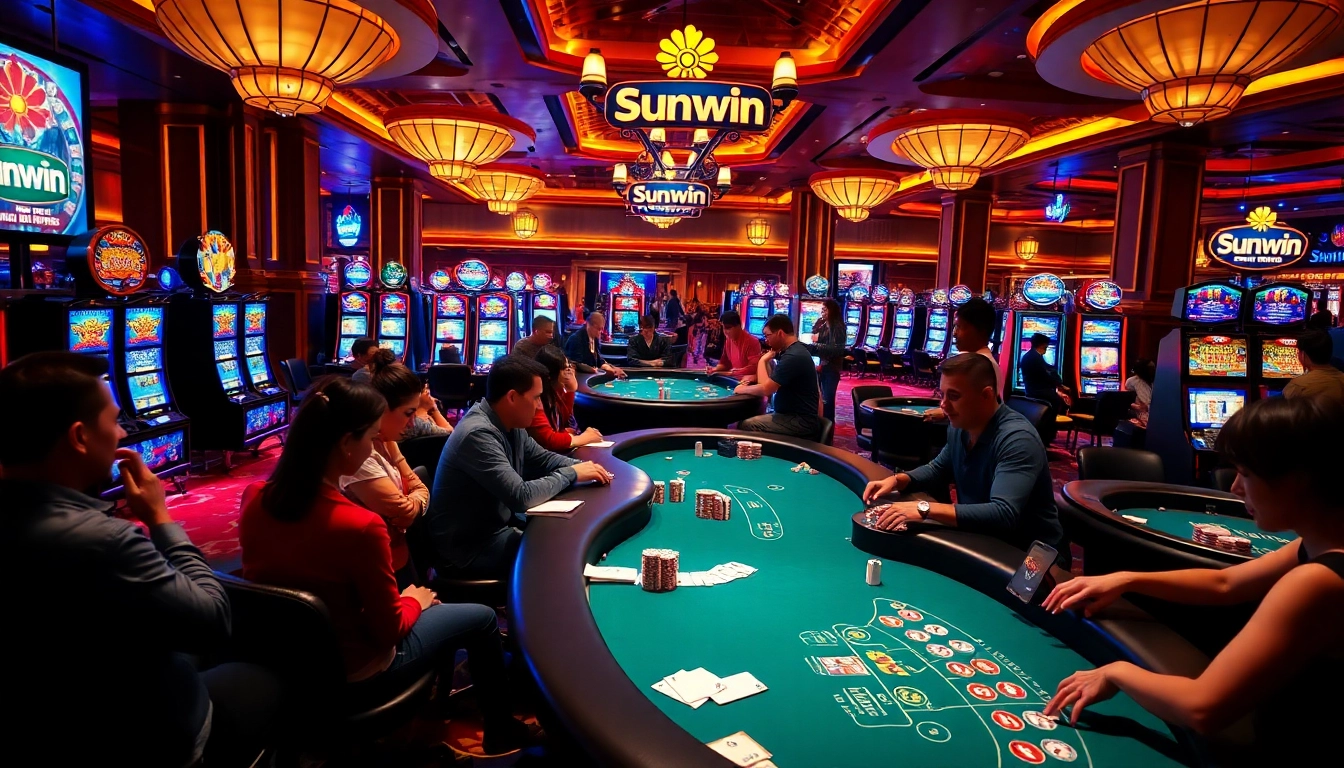 Sunwin players engaging in thrilling casino games at a luxurious gaming floor.
