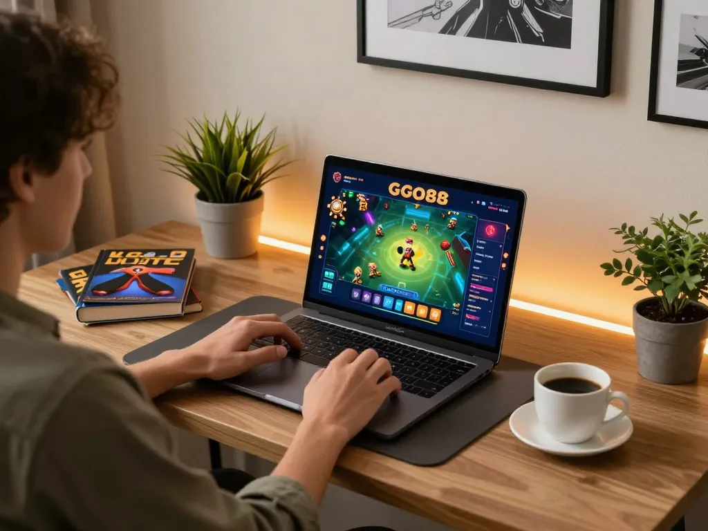 Enjoying Go88 casino games on a laptop at home, enhancing gaming experience with strategies.