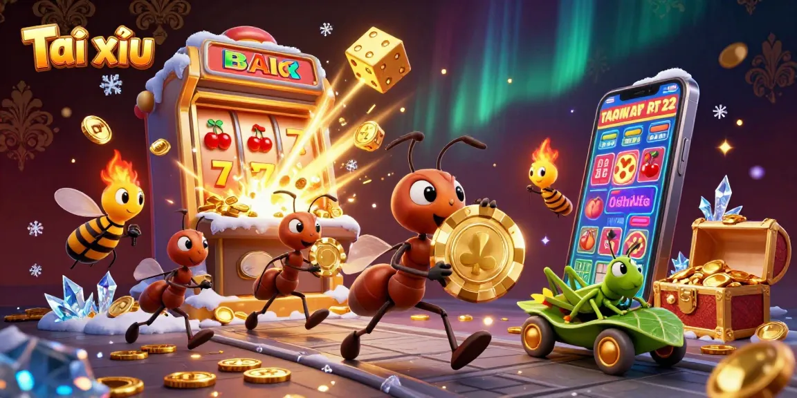 Tài xỉu game scene showcasing ants carrying a golden poker chip amidst casino elements