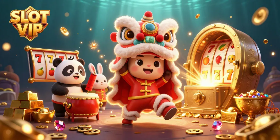 SLOT VIP showcases a vibrant 3D scene of a lion dance and casino elements, celebrating winnings and joy.